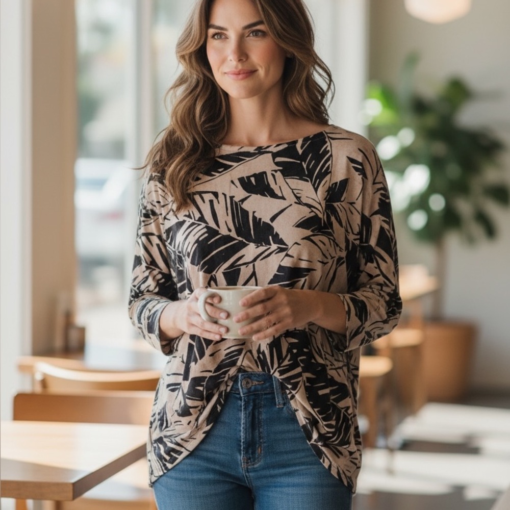 Chico's 3/4 Sleeve Brown & Black Leaf Botanical Print Blouse - Size 1